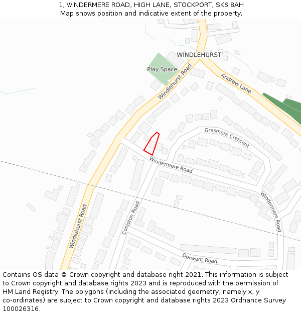 1, WINDERMERE ROAD, HIGH LANE, STOCKPORT, SK6 8AH: Location map and indicative extent of plot