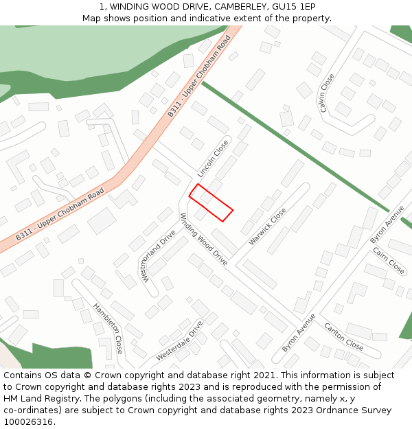 1, WINDING WOOD DRIVE, CAMBERLEY, GU15 1EP: Location map and indicative extent of plot