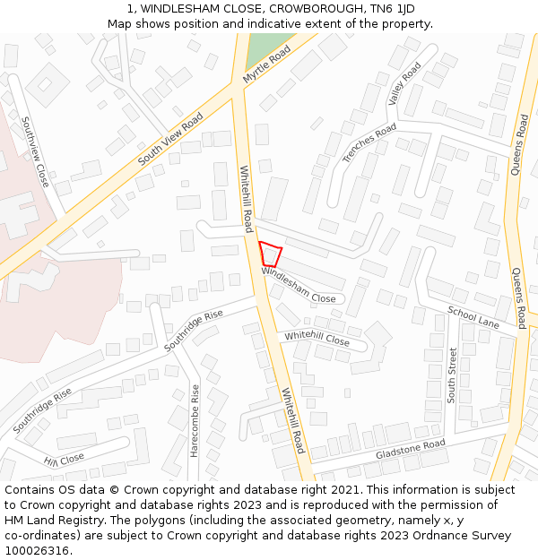 1, WINDLESHAM CLOSE, CROWBOROUGH, TN6 1JD: Location map and indicative extent of plot