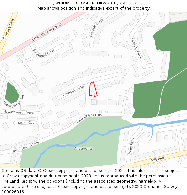 1, WINDMILL CLOSE, KENILWORTH, CV8 2GQ: Location map and indicative extent of plot