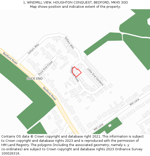 1, WINDMILL VIEW, HOUGHTON CONQUEST, BEDFORD, MK45 3GD: Location map and indicative extent of plot