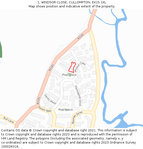 1, WINDSOR CLOSE, CULLOMPTON, EX15 1XL: Location map and indicative extent of plot