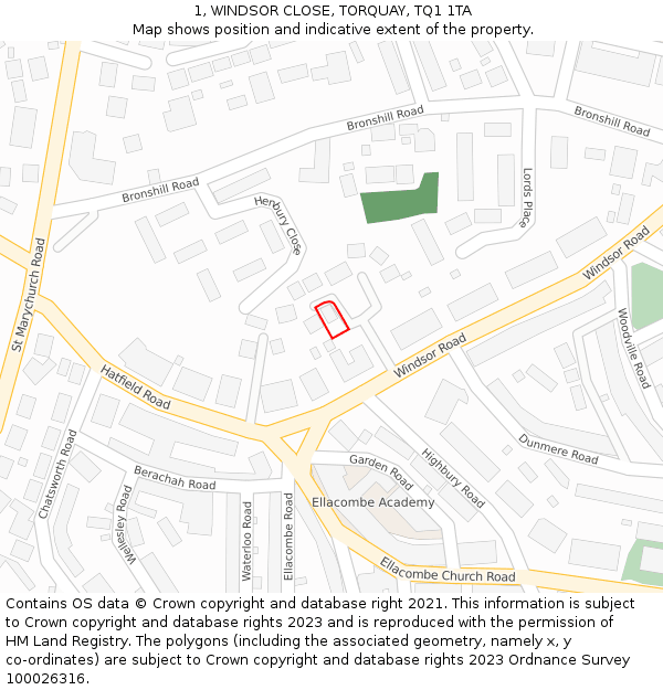 1, WINDSOR CLOSE, TORQUAY, TQ1 1TA: Location map and indicative extent of plot