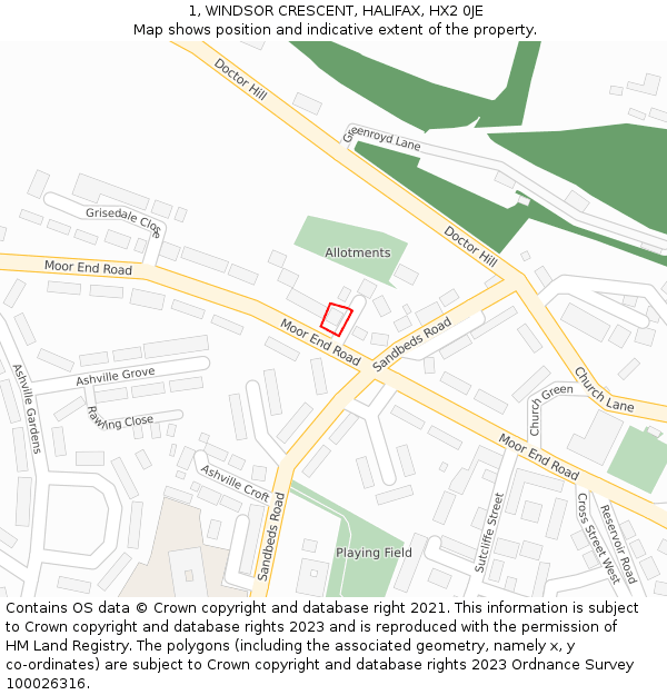 1, WINDSOR CRESCENT, HALIFAX, HX2 0JE: Location map and indicative extent of plot