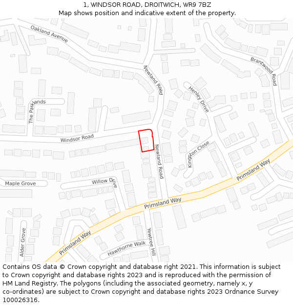 1, WINDSOR ROAD, DROITWICH, WR9 7BZ: Location map and indicative extent of plot