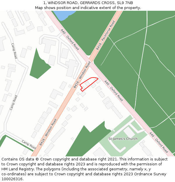 1, WINDSOR ROAD, GERRARDS CROSS, SL9 7NB: Location map and indicative extent of plot