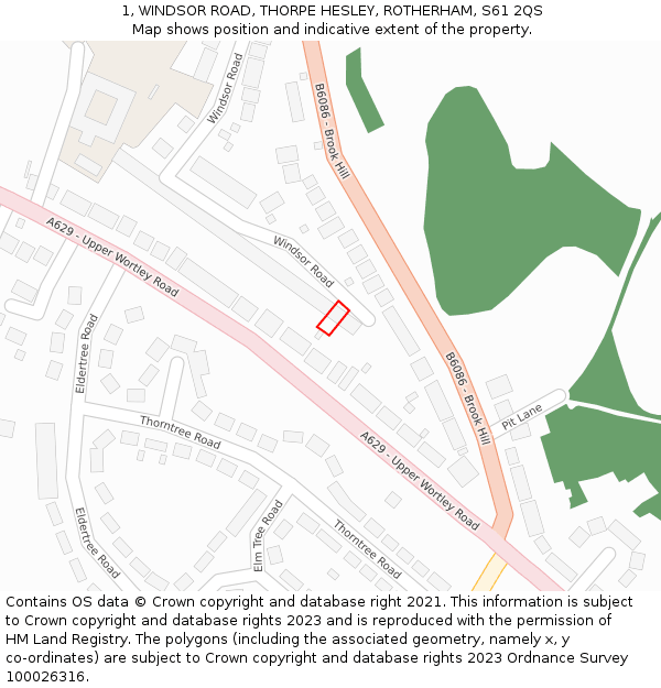 1, WINDSOR ROAD, THORPE HESLEY, ROTHERHAM, S61 2QS: Location map and indicative extent of plot