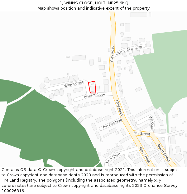 1, WINNS CLOSE, HOLT, NR25 6NQ: Location map and indicative extent of plot