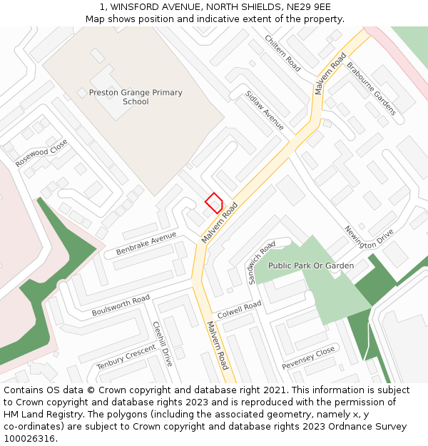 1, WINSFORD AVENUE, NORTH SHIELDS, NE29 9EE: Location map and indicative extent of plot