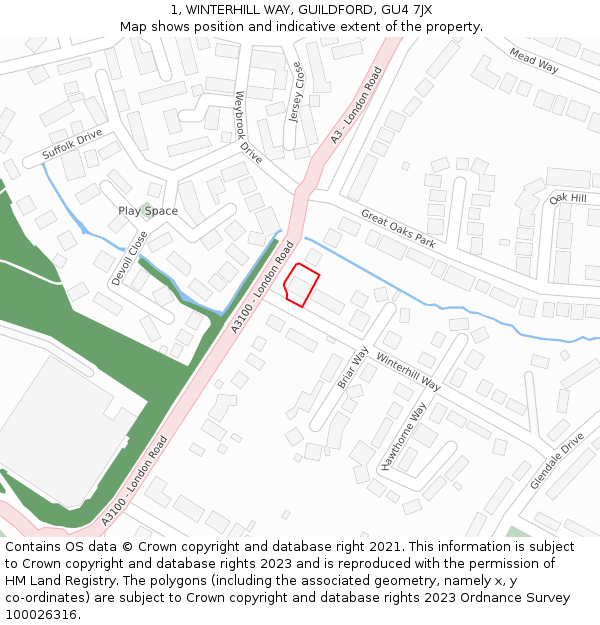 1, WINTERHILL WAY, GUILDFORD, GU4 7JX: Location map and indicative extent of plot