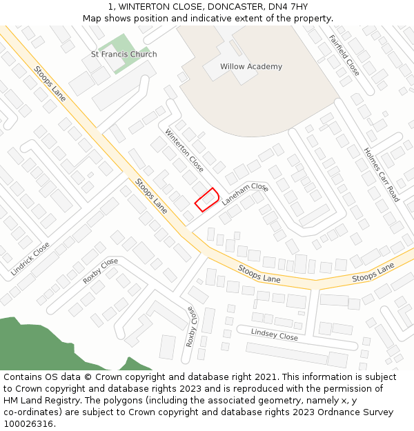 1, WINTERTON CLOSE, DONCASTER, DN4 7HY: Location map and indicative extent of plot