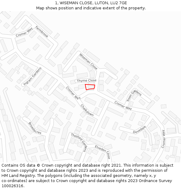 1, WISEMAN CLOSE, LUTON, LU2 7GE: Location map and indicative extent of plot