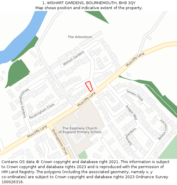 1, WISHART GARDENS, BOURNEMOUTH, BH9 3QY: Location map and indicative extent of plot