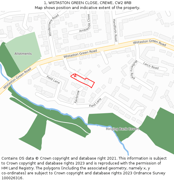 1, WISTASTON GREEN CLOSE, CREWE, CW2 8RB: Location map and indicative extent of plot