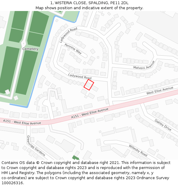 1, WISTERIA CLOSE, SPALDING, PE11 2DL: Location map and indicative extent of plot