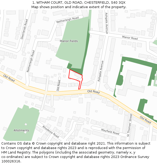 1, WITHAM COURT, OLD ROAD, CHESTERFIELD, S40 3QX: Location map and indicative extent of plot