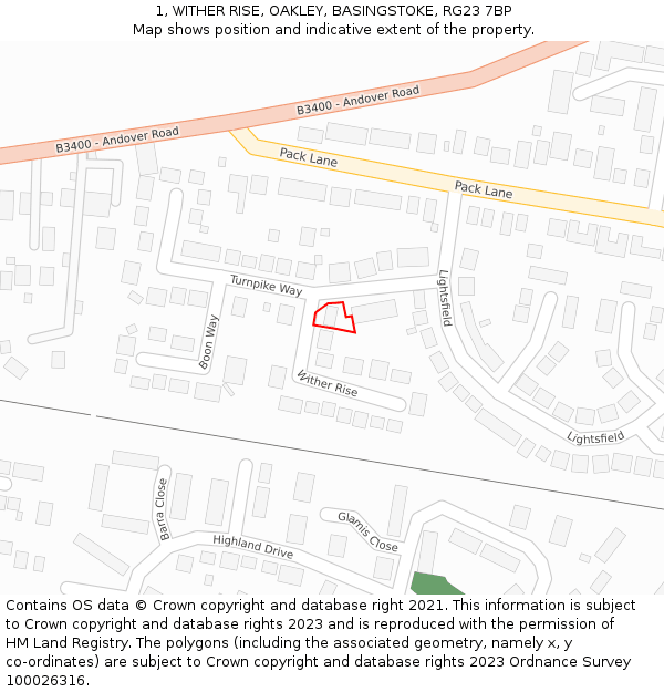 1, WITHER RISE, OAKLEY, BASINGSTOKE, RG23 7BP: Location map and indicative extent of plot