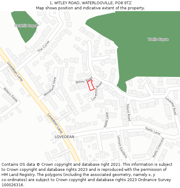 1, WITLEY ROAD, WATERLOOVILLE, PO8 9TZ: Location map and indicative extent of plot