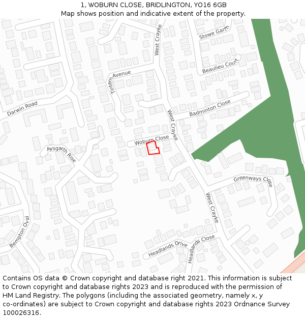 1, WOBURN CLOSE, BRIDLINGTON, YO16 6GB: Location map and indicative extent of plot