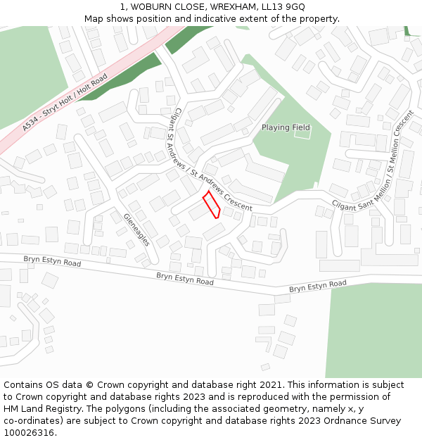 1, WOBURN CLOSE, WREXHAM, LL13 9GQ: Location map and indicative extent of plot