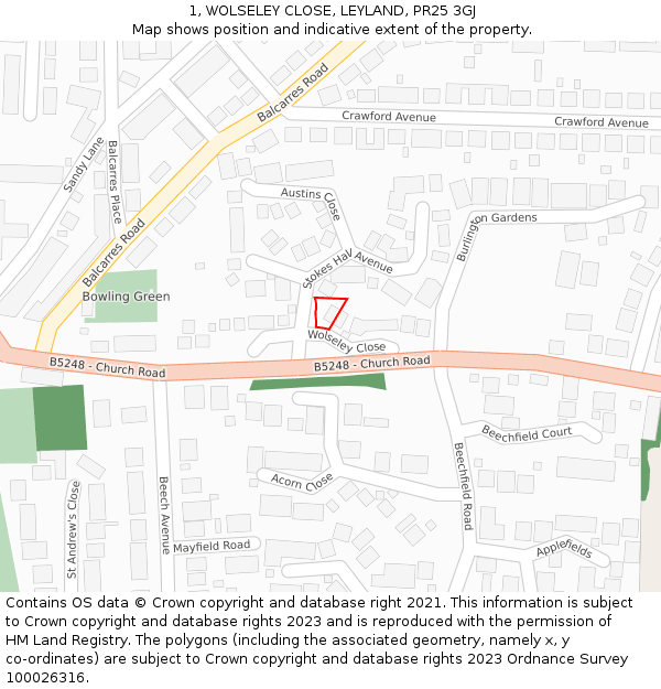 1, WOLSELEY CLOSE, LEYLAND, PR25 3GJ: Location map and indicative extent of plot