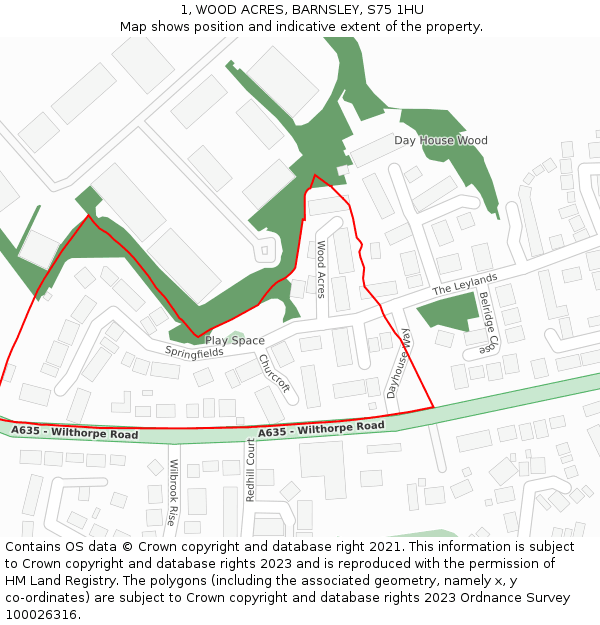 1, WOOD ACRES, BARNSLEY, S75 1HU: Location map and indicative extent of plot