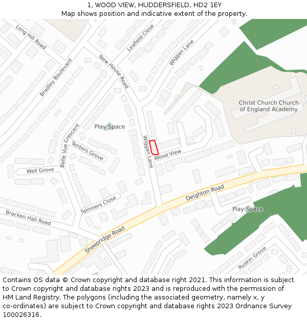 1, WOOD VIEW, HUDDERSFIELD, HD2 1EY: Location map and indicative extent of plot