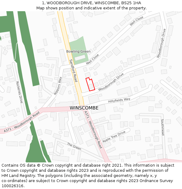 1, WOODBOROUGH DRIVE, WINSCOMBE, BS25 1HA: Location map and indicative extent of plot