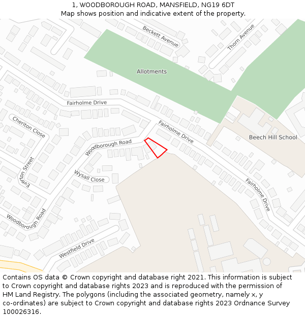 1, WOODBOROUGH ROAD, MANSFIELD, NG19 6DT: Location map and indicative extent of plot