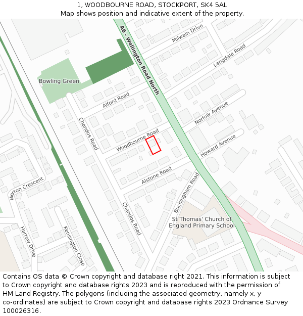1, WOODBOURNE ROAD, STOCKPORT, SK4 5AL: Location map and indicative extent of plot