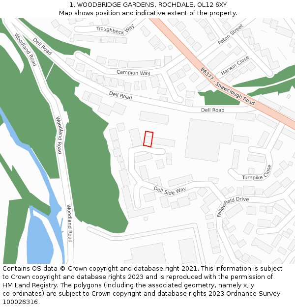 1, WOODBRIDGE GARDENS, ROCHDALE, OL12 6XY: Location map and indicative extent of plot