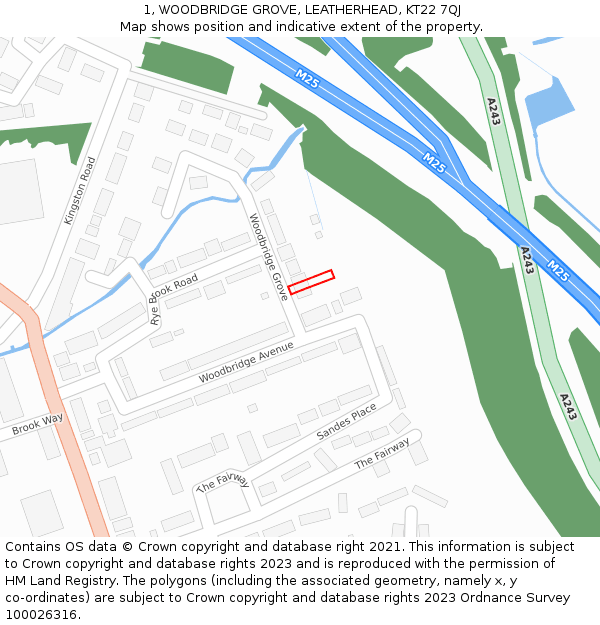 1, WOODBRIDGE GROVE, LEATHERHEAD, KT22 7QJ: Location map and indicative extent of plot