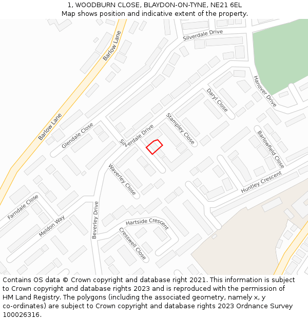 1, WOODBURN CLOSE, BLAYDON-ON-TYNE, NE21 6EL: Location map and indicative extent of plot