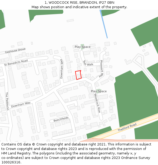 1, WOODCOCK RISE, BRANDON, IP27 0BN: Location map and indicative extent of plot