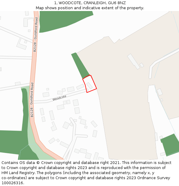 1, WOODCOTE, CRANLEIGH, GU6 8NZ: Location map and indicative extent of plot