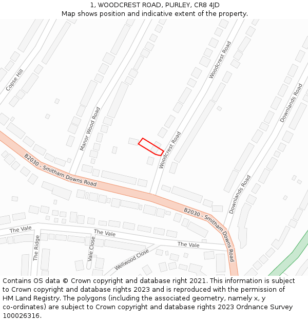 1, WOODCREST ROAD, PURLEY, CR8 4JD: Location map and indicative extent of plot