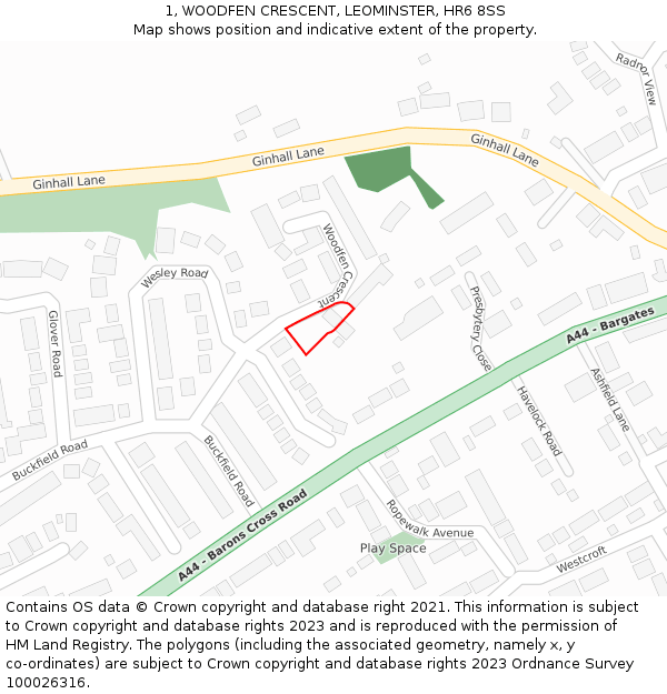 1, WOODFEN CRESCENT, LEOMINSTER, HR6 8SS: Location map and indicative extent of plot