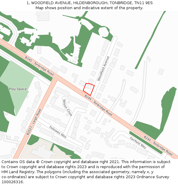 1, WOODFIELD AVENUE, HILDENBOROUGH, TONBRIDGE, TN11 9ES: Location map and indicative extent of plot