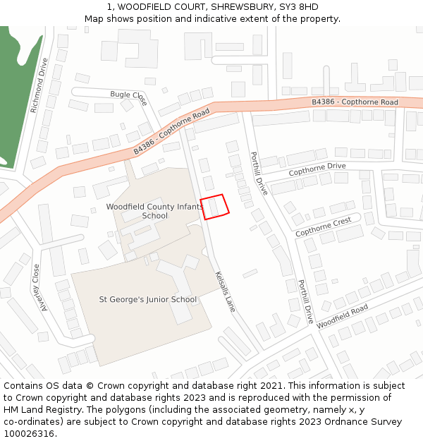 1, WOODFIELD COURT, SHREWSBURY, SY3 8HD: Location map and indicative extent of plot
