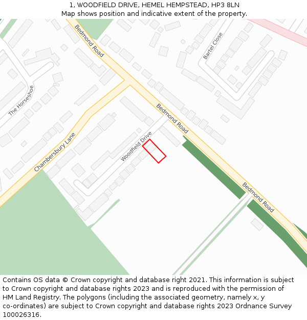 1, WOODFIELD DRIVE, HEMEL HEMPSTEAD, HP3 8LN: Location map and indicative extent of plot