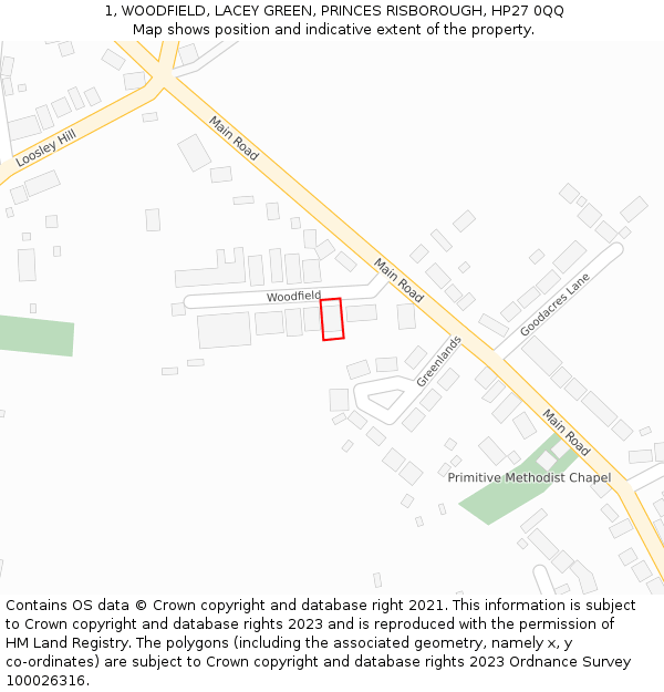 1, WOODFIELD, LACEY GREEN, PRINCES RISBOROUGH, HP27 0QQ: Location map and indicative extent of plot