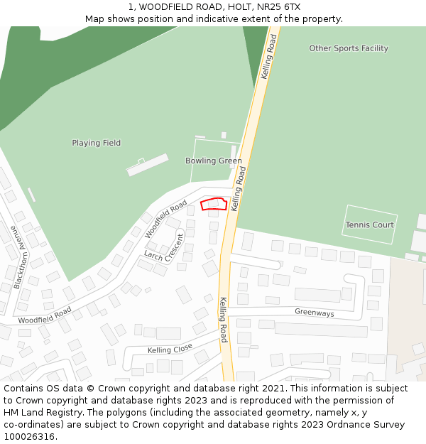 1, WOODFIELD ROAD, HOLT, NR25 6TX: Location map and indicative extent of plot