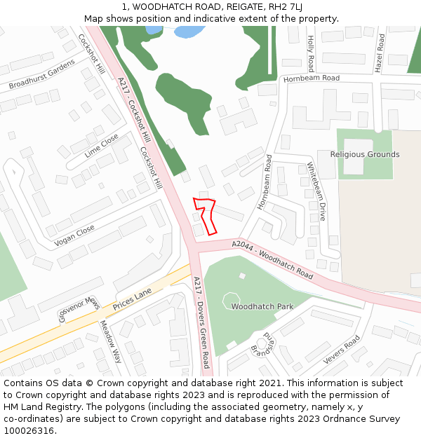 1, WOODHATCH ROAD, REIGATE, RH2 7LJ: Location map and indicative extent of plot