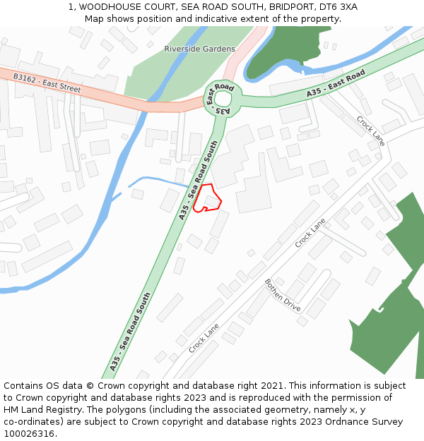 1, WOODHOUSE COURT, SEA ROAD SOUTH, BRIDPORT, DT6 3XA: Location map and indicative extent of plot