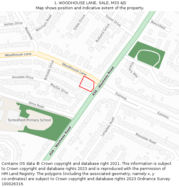 1, WOODHOUSE LANE, SALE, M33 4JS: Location map and indicative extent of plot