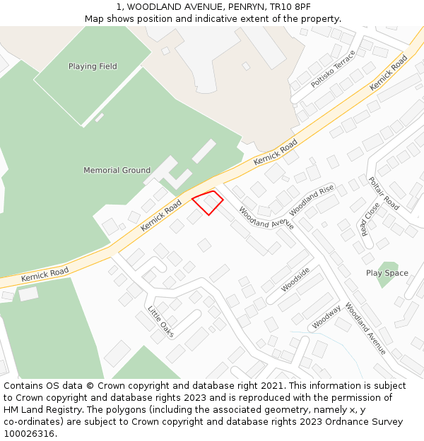 1, WOODLAND AVENUE, PENRYN, TR10 8PF: Location map and indicative extent of plot