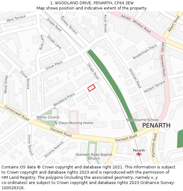 1, WOODLAND DRIVE, PENARTH, CF64 2EW: Location map and indicative extent of plot