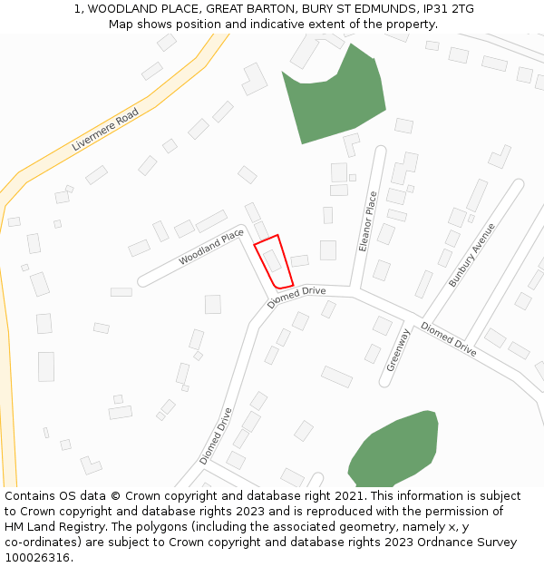 1, WOODLAND PLACE, GREAT BARTON, BURY ST EDMUNDS, IP31 2TG: Location map and indicative extent of plot