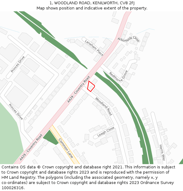 1, WOODLAND ROAD, KENILWORTH, CV8 2FJ: Location map and indicative extent of plot