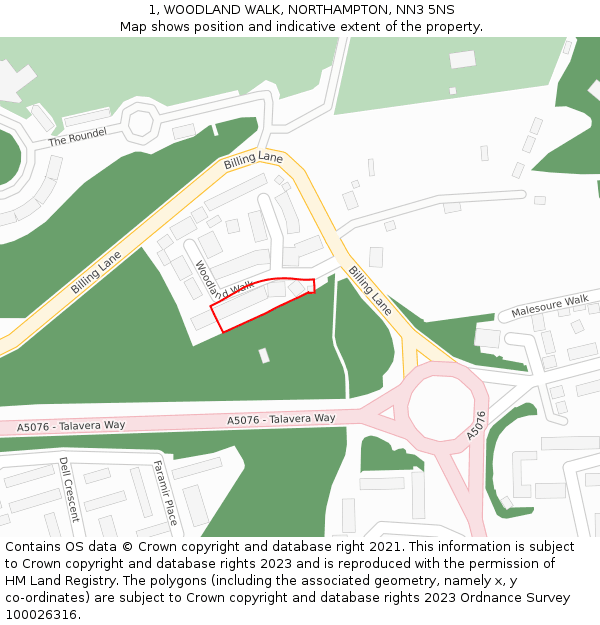 1, WOODLAND WALK, NORTHAMPTON, NN3 5NS: Location map and indicative extent of plot